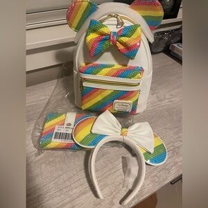 Rainbow sequin Disney Loungefly backpack, ears and wallet. NWT